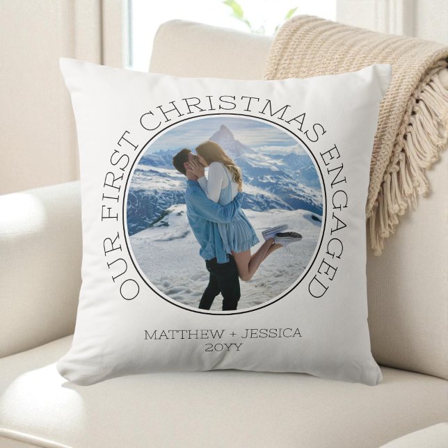 Our First Christmas Engaged SImple Modern 2 Photo Throw Pillow (Our First Christmas Engaged SImple Modern 2 Photo Throw Pillow)