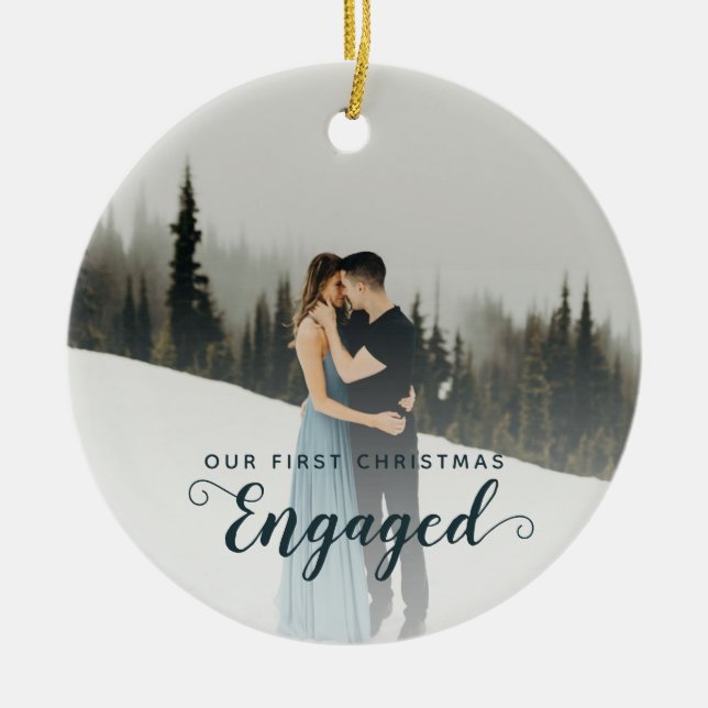 Our First Christmas Engaged Two Sided Photo Couple Ceramic Ornament (Front)