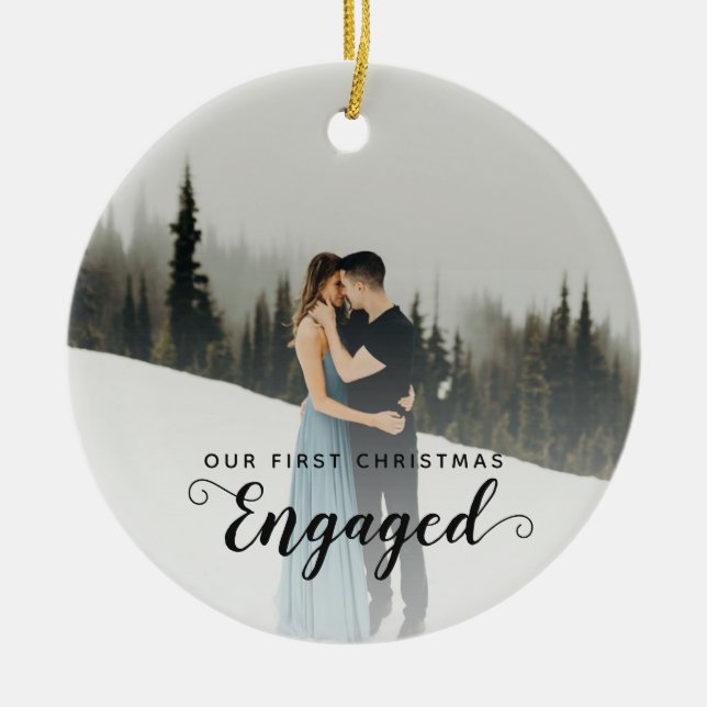 Our First Christmas Engaged Two Sided Photo Couple Ceramic Ornament (Front)