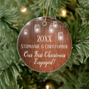 Our First Christmas Engaged Vintage String Light Ceramic Ornament