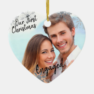 Our First Christmas Engaged w. Your Photo - Heart Ceramic Ornament