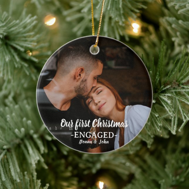 Our First Christmas Engaged Whimsical Script Photo Ceramic Ornament (Tree)