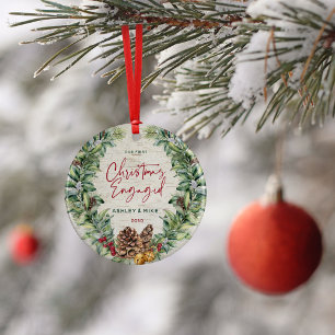 Our First Christmas Engaged Winter Wreath Photo Ceramic Ornament