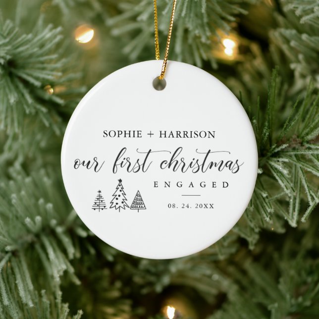 Our First Christmas Engaged with Name and Date Ceramic Ornament (Tree)