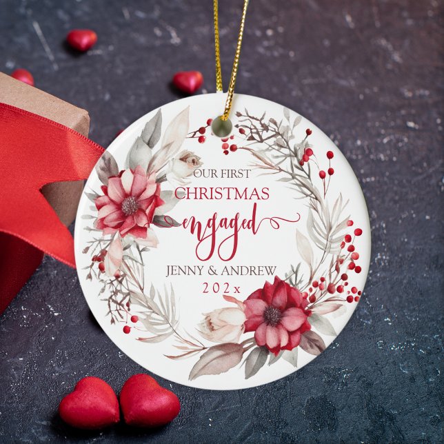 Our first Christmas Engaged wreath Ceramic Ornament (Our first Christmas engaged ornament.)