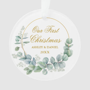 Our First Christmas Eucalyptus Leaves Gold Ornament