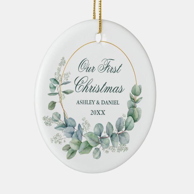 Our First Christmas Eucalyptus Leaves Photo Back Ceramic Ornament (Right)