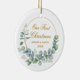 Our First Christmas Eucalyptus Photo Back Gold Ceramic Ornament