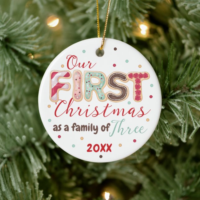 Our First Christmas Family of 3 Year Baby's First Ceramic Ornament (Tree)