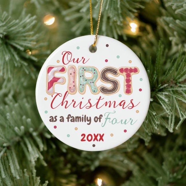 Our First Christmas Family of 4 Year Baby's First Ceramic Ornament (Tree)