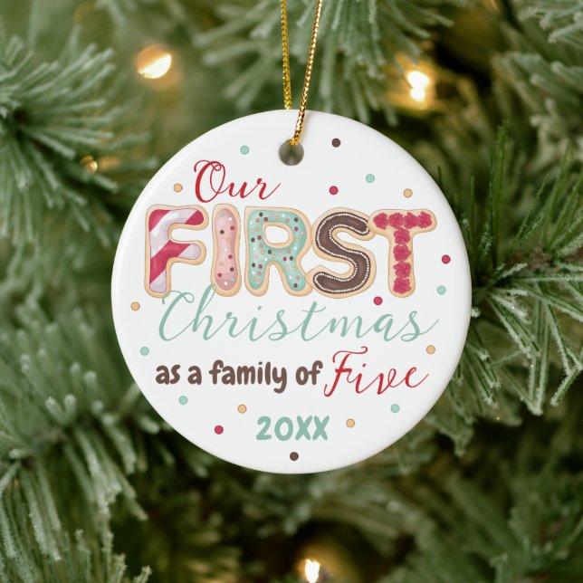 Our First Christmas Family of 5 Year Baby's First Ceramic Ornament (Tree)