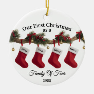 Our First Christmas Family of Four Stockings Ceramic Ornament