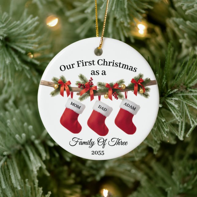 Our First Christmas Family of Three Stockings Ceramic Ornament (Tree)