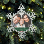 Our First Christmas Family Photo Green Snowflake Pewter Christmas Ornament<br><div class="desc">Elegant Script Our First Christmas Family Photo Green Snowflake Ornament</div>