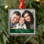 Our First Christmas Family Photo Green Square Metal Ornament<br><div class="desc">Elegant Script Our First Christmas Family Photo Green Ornament</div>