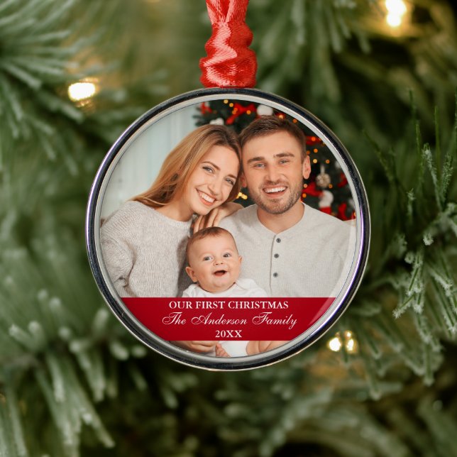Our First Christmas Family Photo Red Metal Ornament (Tree)