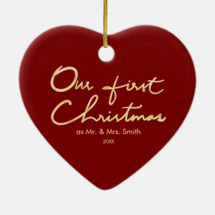 Our First Christmas Faux Gold Newlywed Heart Shape Ceramic Ornament