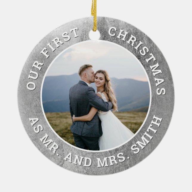 Our First Christmas Faux Silver Snowflake Picture Ceramic Ornament (Back)