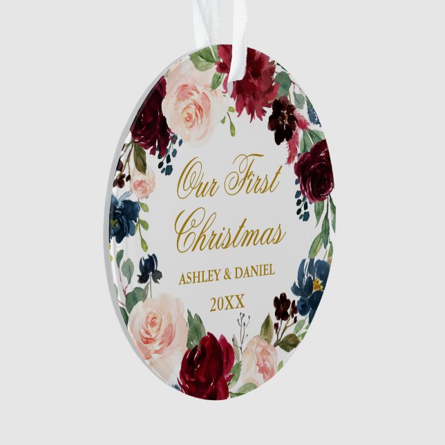 Our First Christmas Floral Gold PHOTO Back Ornament (Front)