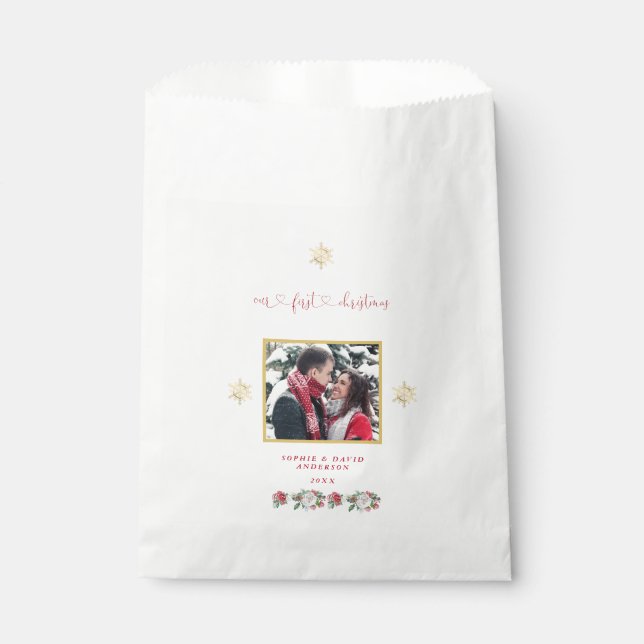 Our First Christmas Floral Snowflake Photo Wedding Favour Bag (Front)