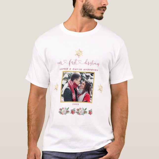 Our First Christmas Floral Snowflake Photo Wedding T-Shirt (Front)
