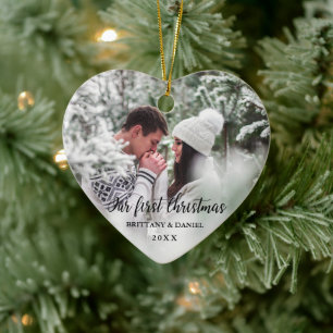Our First Christmas Front and Back Photo Heart Ceramic Ornament