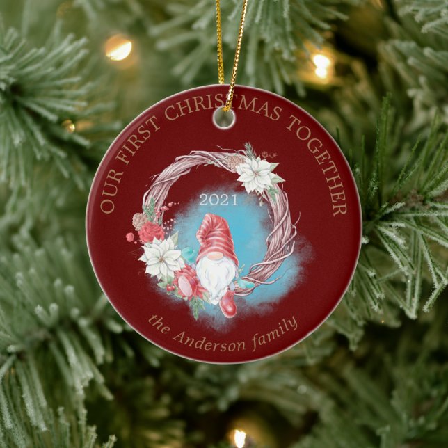 Our First Christmas Gnome Holiday Foliage Photo Ceramic Ornament (Tree)