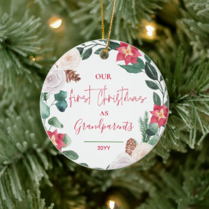 Our First Christmas Grandparents Floral Photo Cera Ceramic Ornament