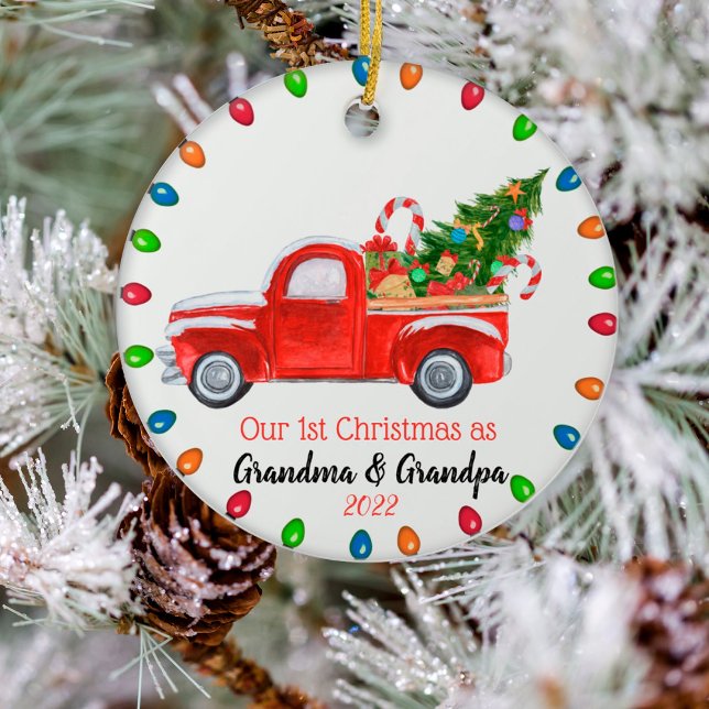 Our First Christmas Grandparents Red Truck, Lights Ceramic Ornament (Creator Uploaded)
