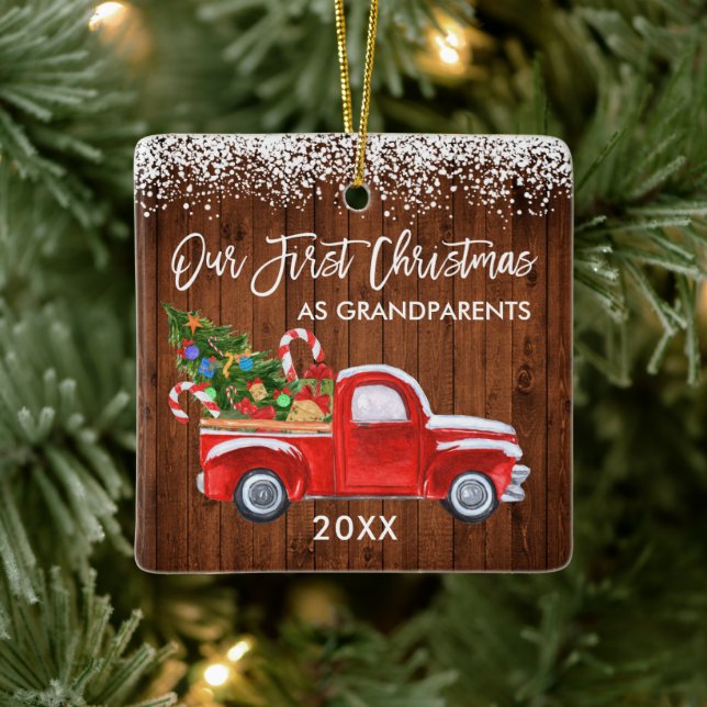 Our First Christmas Grandparents Wood Snow Truck Ceramic Ornament (Tree)