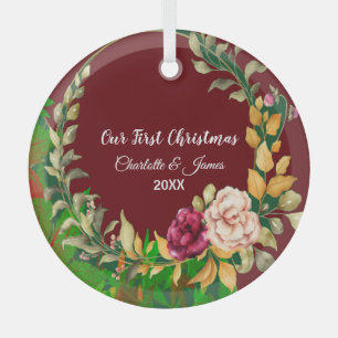 Our First Christmas Green Wreath Custom Couple Glass Ornament
