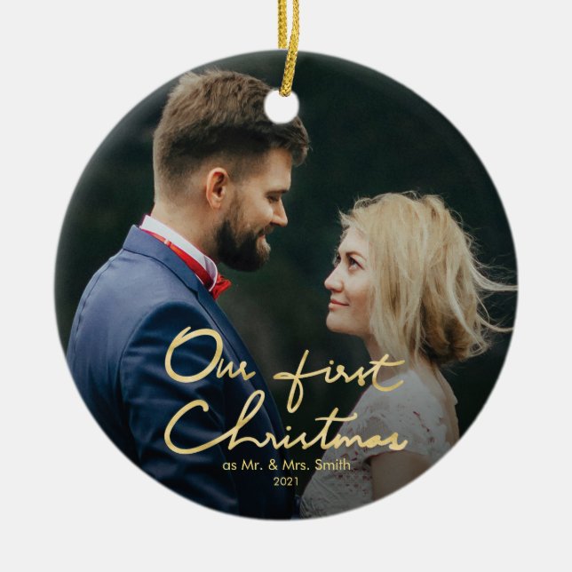 Our First Christmas | Hand-Lettered Christmas Ceramic Ornament (Front)
