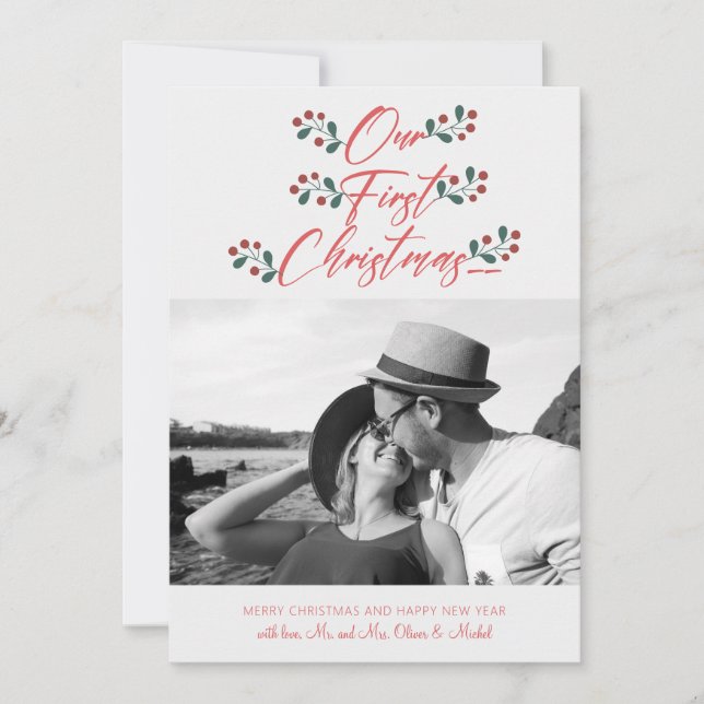 Our First Christmas Hand Lettered Newlywed Photo Holiday Card (Front)