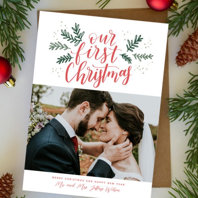 Our First Christmas Hand-lettered Newlywed Photo Holiday Card (Creator Uploaded)