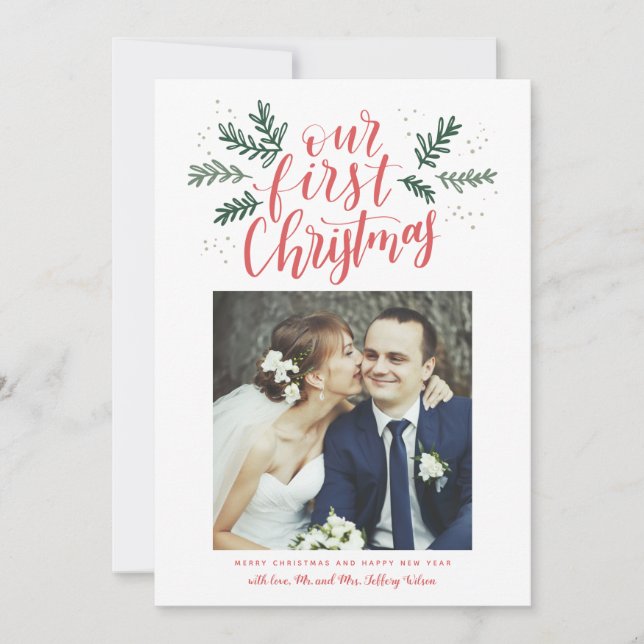 Our First Christmas Hand-lettered Newlywed Photo Holiday Card (Front)