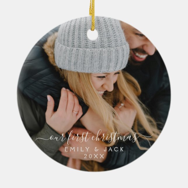 Our First Christmas Hand Lettered Photo Ceramic Ornament (Back)