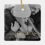 Our First Christmas Hand Lettered Photo Ceramic Ornament<br><div class="desc">Our First as Mr. and Mrs. Christmas Gold Hand Lettered Black and White Photo Template Ornament with your name and picture makes a perfect Personalized Christmas Gift for newlyweds after their wedding. This modern and elegant photo Christmas ornament makes a great gift for a grandma,  grandpa,  mom or dad.</div>