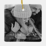 Our First Christmas Hand Lettered Photo Ceramic Ornament<br><div class="desc">Our First as Mr. and Mrs. Christmas Hand Lettered Black and White Photo Template Ornament with your name and picture makes a perfect Personalized Christmas Gift for newlyweds after their wedding. This modern and elegant photo Christmas ornament makes a great gift for a grandma,  grandpa,  mom or dad.</div>