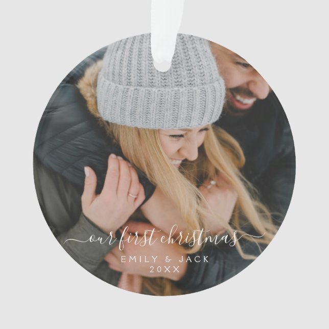 Our First Christmas Hand Lettered Photo Ornament (Front)