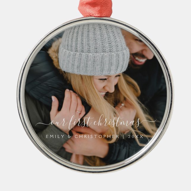 Our First Christmas Hand Lettered Photo Template Metal Ornament (Front)