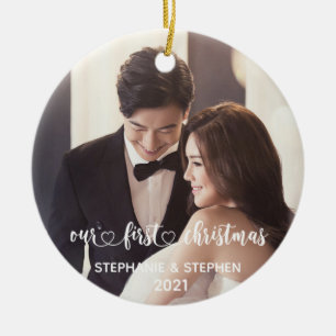 Our First Christmas Heart Hand Lettered Photo Ceramic Ornament