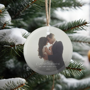Our First Christmas Holiday Married Wedding Photo Glass Ornament