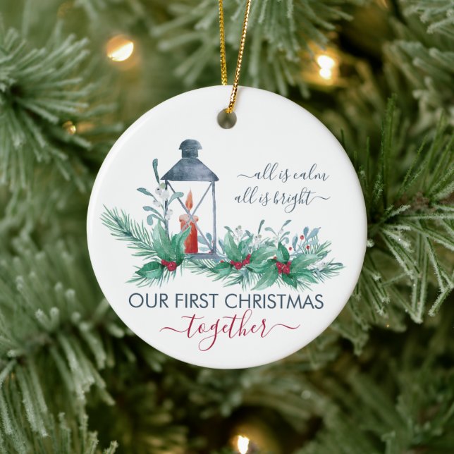 Our First Christmas Holly and Candlelit Lantern Ceramic Ornament (Tree)