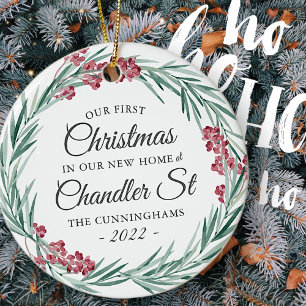 Our First Christmas in our New Home Holiday Wreath Ceramic Ornament