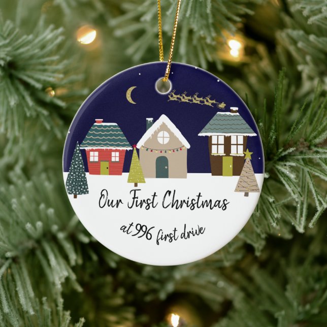 our first Christmas in our new home house street Ceramic Ornament (Tree)