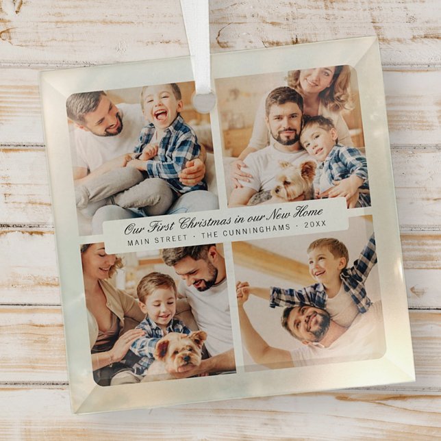 Our First Christmas In Our New Home Modern 4 Photo Glass Ornament (Creator Uploaded)
