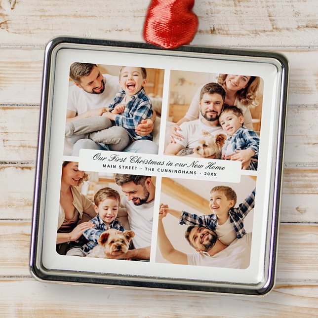 Our First Christmas In Our New Home Modern 4 Photo Metal Ornament (Creator Uploaded)