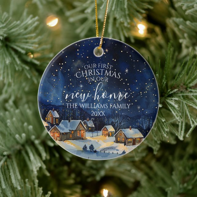 Our First Christmas In Our New Home Rustic Night Ceramic Ornament (Tree)