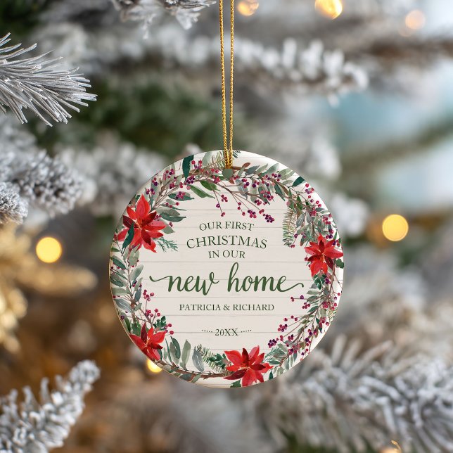 Our First Christmas In Our New Home Rustic Wreath Ceramic Ornament (Creator Uploaded)