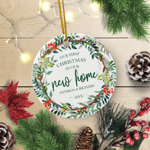 Our First Christmas In Our New Home Rustic Wreath Ceramic Ornament
